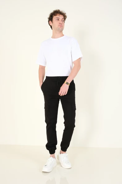 Erkek Kargo Cep Paça Lastikli Pantolon Siyah - 5