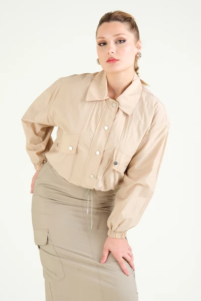 Kadın Paraşüt Crop Mont Açık Camel - 3