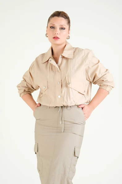 Kadın Paraşüt Crop Mont Açık Camel