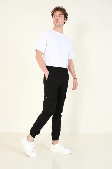 Erkek Kargo Cep Paça Lastikli Pantolon Siyah - 6