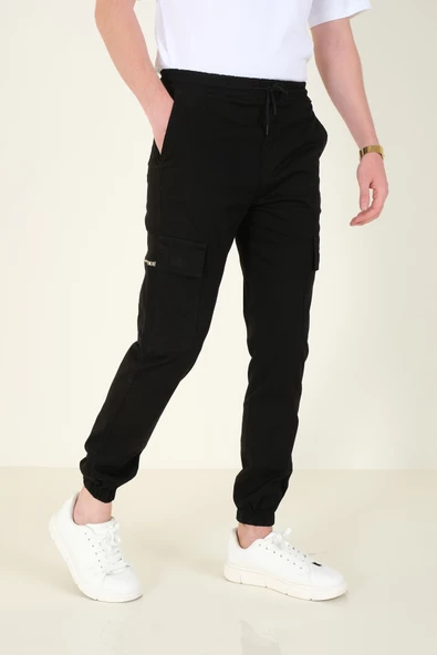 Erkek Kargo Cep Paça Lastikli Pantolon Siyah