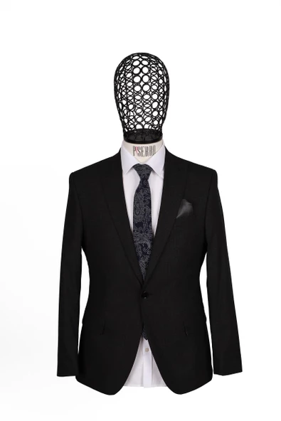 Slim Fit Yünlü Siyah Takım Elbise - 2