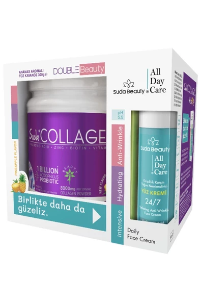 SUDA COLLAGEN SUDA COLLAGEN Double Beauty (Ananas Aromalı Kolajen 300 gr & Suda Beauty All Day Care Yüz Kremi 50ml)