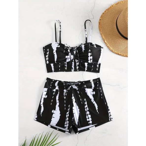 Kadın Büzgü Detay Askılı Crop Mini Tayt Ikili Takım - 9