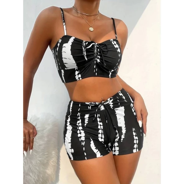 Kadın Büzgü Detay Askılı Crop Mini Tayt Ikili Takım - 1