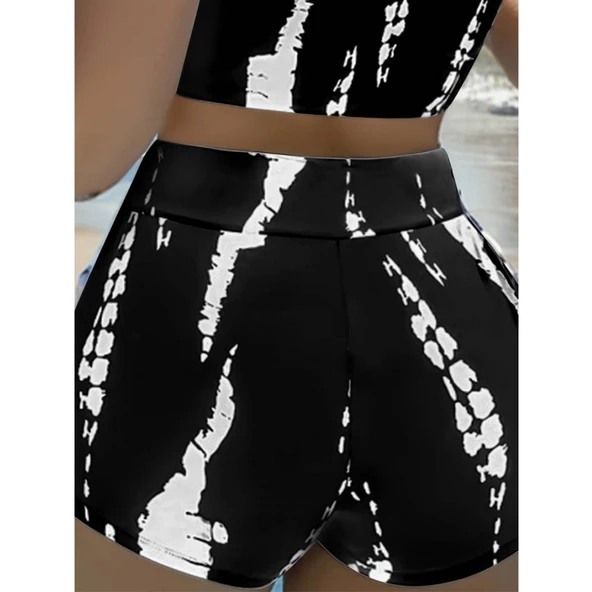 Kadın Büzgü Detay Askılı Crop Mini Tayt Ikili Takım - 6