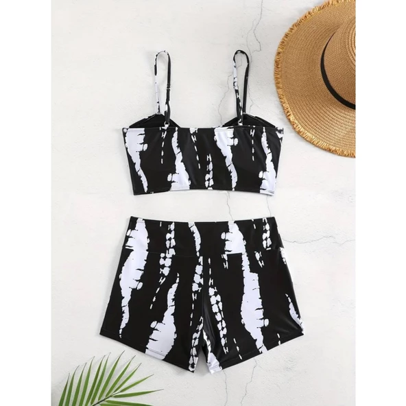 Kadın Büzgü Detay Askılı Crop Mini Tayt Ikili Takım - 8