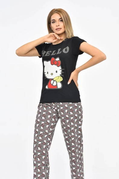 Baskılı Siyah Tişört ve Bordo Pantolonlu Kadın Pijama Takım - 3