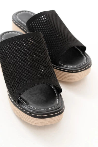 Siyah Triko Günlük Ortopedik Dolgu Topuk Kadın Terlik - Resim 6