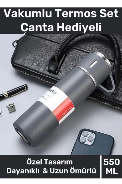 Özel Üretim Paslanmaz Çelik 3 Bardaklı Soğuk Sıcak Termos Vakumlu Termos Set Çanta Hediyeli 550 Ml
