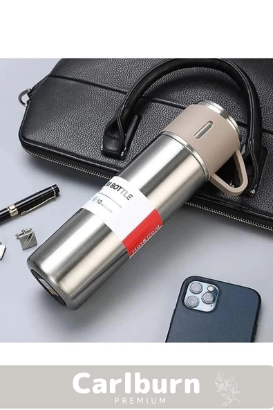 Özel Üretim Paslanmaz Çelik 3 Bardaklı Soğuk Sıcak Termos Vakumlu Termos Set Çanta Hediyeli 550 Ml - 5