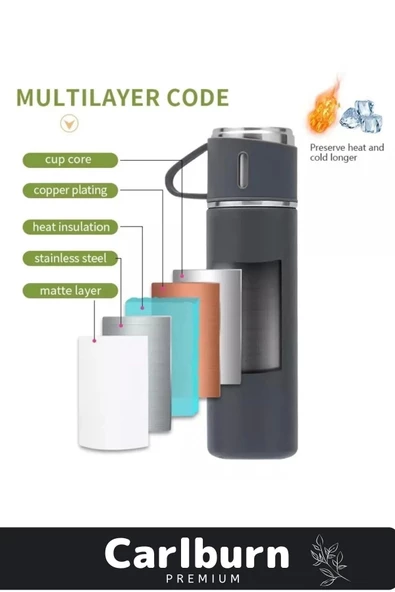 Özel Üretim Paslanmaz Çelik 3 Bardaklı Soğuk Sıcak Termos Vakumlu Termos Set Çanta Hediyeli 550 Ml - 4