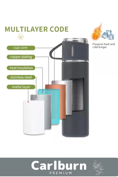 Özel Üretim Paslanmaz Çelik 3 Bardaklı Soğuk Sıcak Termos Vakumlu Termos Set Çanta Hediyeli 550 Ml - 4