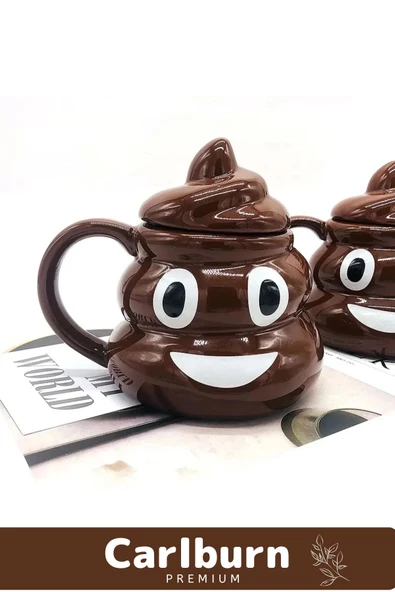 Premium Özel Tasarım Hediye Kutulu Gülücüklü Bok Şekilli Seramik Kupa 14 x 15 cm Emoji Bardak - 3