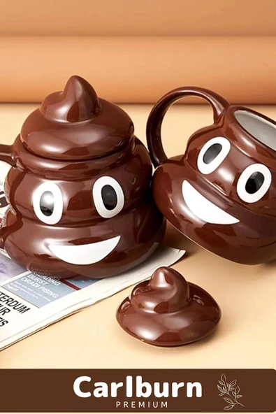 Premium Özel Tasarım Hediye Kutulu Gülücüklü Bok Şekilli Seramik Kupa 14 x 15 cm Emoji Bardak - 7