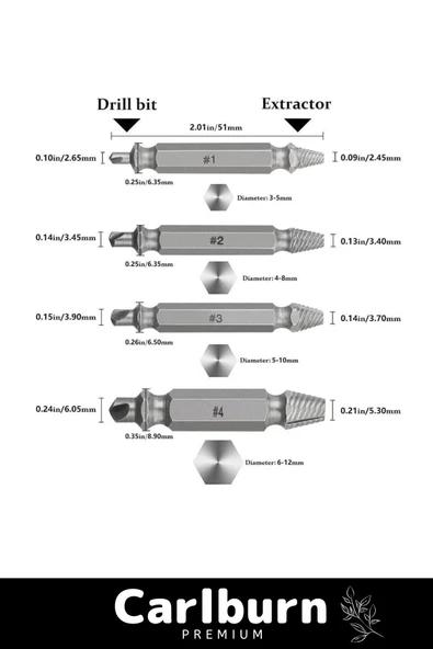 Premium 4 Başlıklı Paslanmaz Çelik Hasarlı Bozuk Vida Çıkarıcı Hasar Görmüş Vida Sökme Seti - 2