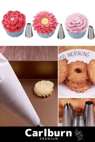 Premium Seri Paslanmaz Çelik Uçlu Pasta Kek Süsleme Torbası Krema Sıkma Seti 10 Parça - 3