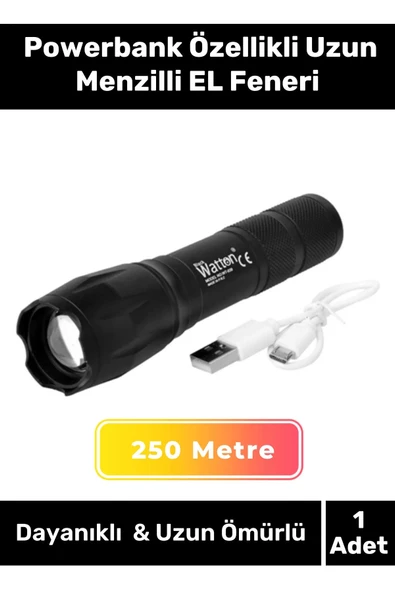 Deluxe Seri Beyaz Gün Işığı 3 Modlu 250 Metre Menzilli Powerbank Özellikli Uzun Menzilli EL Feneri ürün görseli