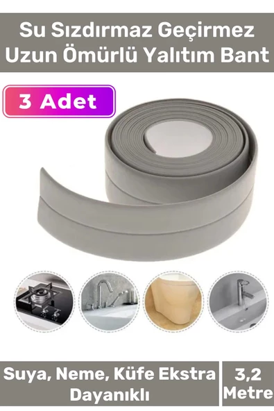 Premium Su Geçirmez Sızdırmaz Dayanıklı Pvc Yağ Kenar Küf Önleyici 3.2m Gri İzolasyon Bant 3 Adet