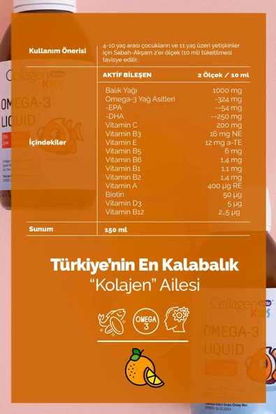 Çocuk Omega-3 Kids Liquid & Multivitamin 150ml Çocuklar Için Portakal Aromalı Sıvı Balık Yağı - 4