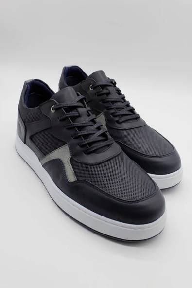 Koyu Lacivert Hakiki Deri Garnili Bağcıklı Casual Ayakkabı 1033240170 - Resim 2