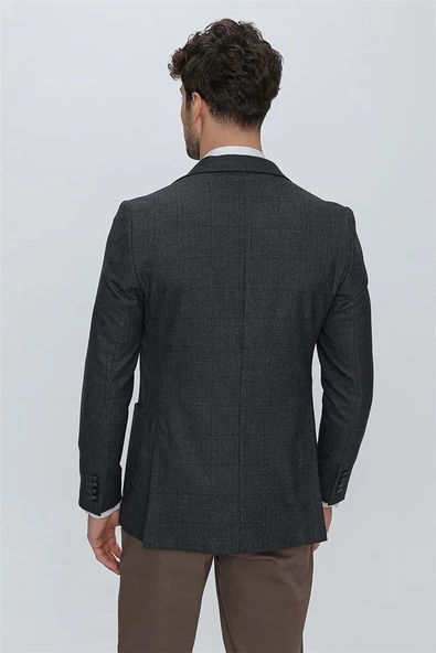 Koyu Lacivert Desenli Mono Yaka Astarsız 6 Drop Comfort Fit Rahat Kesim Ceket 1002225172 - Resim 6