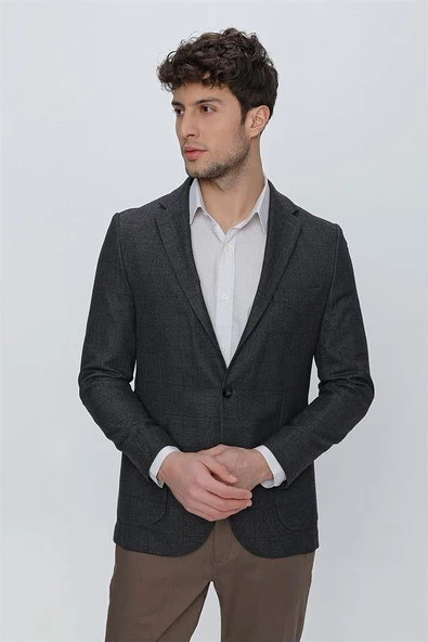 Koyu Lacivert Desenli Mono Yaka Astarsız 6 Drop Comfort Fit Rahat Kesim Ceket 1002225172 - Resim 4