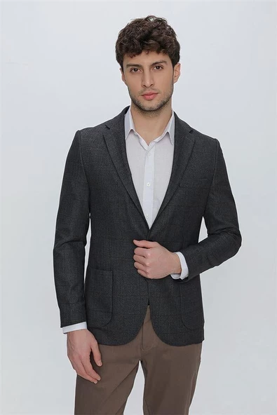 Koyu Lacivert Desenli Mono Yaka Astarsız 6 Drop Comfort Fit Rahat Kesim Ceket 1002225172 - Resim 3