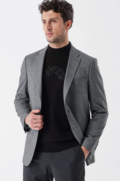 Lacivert Flannel Mono Yaka Tek Yırtmaç 6 Drop Comfort Fit Rahat Kesim Klasik Ceket 1002235130 - Resim 4