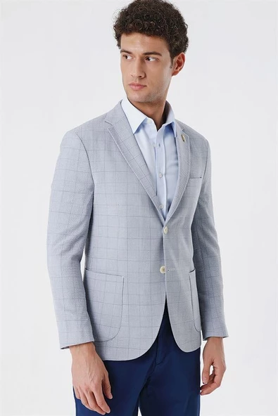Koyu Mavi Ekoseli Mono Yaka Astarsız Çift Yırtmaç 6 Drop Slim Fit Dar Kesim Casual Ceket 1002230150