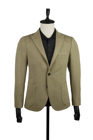 Açık Bej Çizgili Örme Kırlangıç Yaka Astarsız 6 Drop Slim Fit Dar Kesim Ceket 1002220159