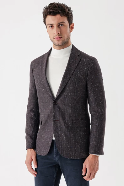 Bordo Desenli Mono Yaka Astarlı Çift Yırtmaç 6 Drop Slim Fit Dar Kesim Klasik Ceket 1002235132 - 4