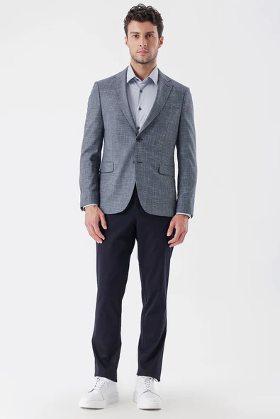 Koyu Lacivert Armürlü Mono Yaka Çift Yırtmaç 6 Drop Slim Fit Klasik Ceket 1002235133 - Resim 4