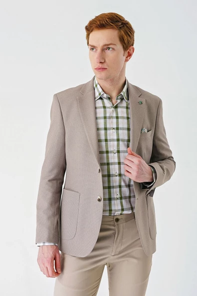 Bej Örme Mono Yaka Çift Yırtmaç Likralı 6 Drop Slim Fit Dar Kesim Klasik Ceket 1002240138 - Resim 3
