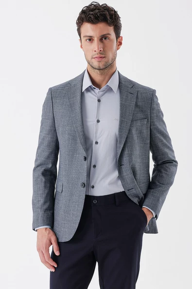 Koyu Lacivert Armürlü Mono Yaka Çift Yırtmaç 6 Drop Slim Fit Klasik Ceket 1002235133 - Resim 2