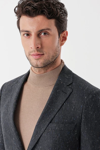 Koyu Antrasit Mono Yaka Astarlı Çift Yırtmaç 6 Drop Slim Fit Klasik Ceket 1002235132 - Resim 6
