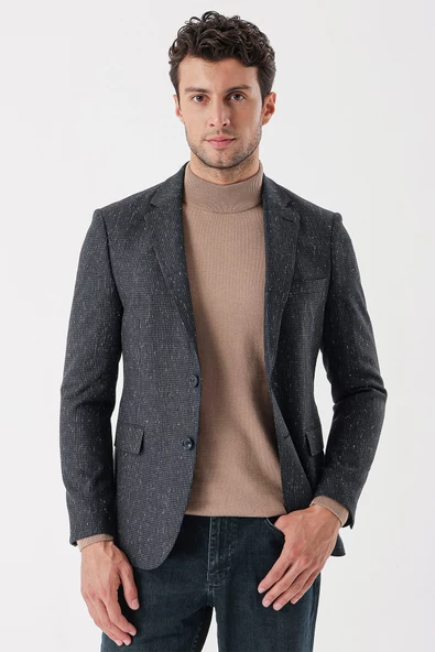 Koyu Antrasit Mono Yaka Astarlı Çift Yırtmaç 6 Drop Slim Fit Klasik Ceket 1002235132