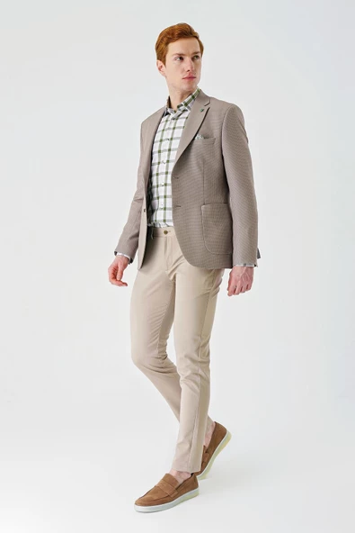 Bej Örme Mono Yaka Çift Yırtmaç Likralı 6 Drop Slim Fit Dar Kesim Klasik Ceket 1002240138 - Resim 5