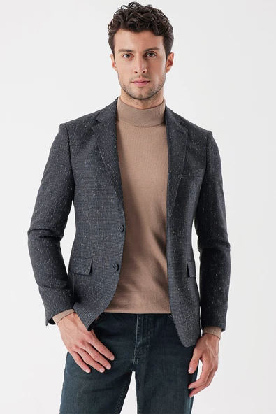 Koyu Antrasit Mono Yaka Astarlı Çift Yırtmaç 6 Drop Slim Fit Klasik Ceket 1002235132 - Resim 4