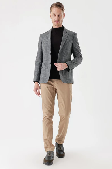 Siyah Desenli Armürlü Mono Yaka Çift Yırtmaç 6 Drop Slim Fit Dar Kesim Klasik Ceket 1002235133 - Resim 6