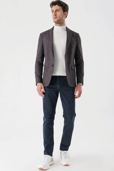 Bordo Desenli Mono Yaka Astarlı Çift Yırtmaç 6 Drop Slim Fit Dar Kesim Klasik Ceket 1002235132 - 3
