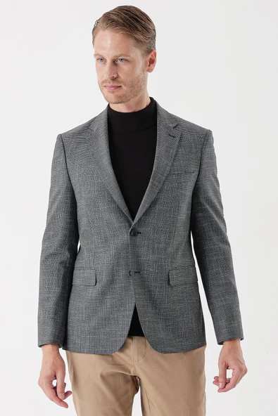 Siyah Desenli Armürlü Mono Yaka Çift Yırtmaç 6 Drop Slim Fit Dar Kesim Klasik Ceket 1002235133 - Resim 5