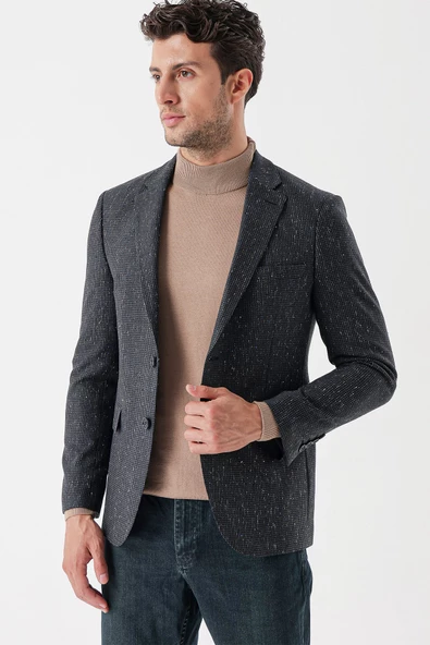 Koyu Antrasit Mono Yaka Astarlı Çift Yırtmaç 6 Drop Slim Fit Klasik Ceket 1002235132 - Resim 3