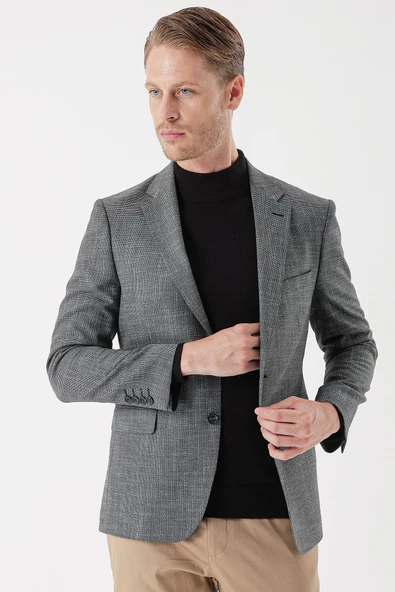 Siyah Desenli Armürlü Mono Yaka Çift Yırtmaç 6 Drop Slim Fit Dar Kesim Klasik Ceket 1002235133 - Resim 4