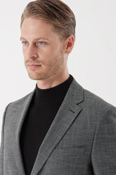 Siyah Desenli Armürlü Mono Yaka Çift Yırtmaç 6 Drop Slim Fit Dar Kesim Klasik Ceket 1002235133 - Resim 7