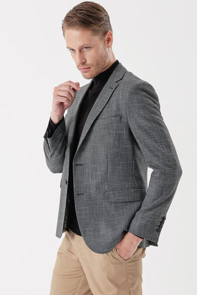 Siyah Desenli Armürlü Mono Yaka Çift Yırtmaç 6 Drop Slim Fit Dar Kesim Klasik Ceket 1002235133 - Resim 3