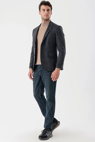 Koyu Antrasit Mono Yaka Astarlı Çift Yırtmaç 6 Drop Slim Fit Klasik Ceket 1002235132 - Resim 7