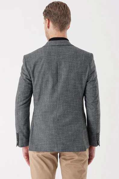 Siyah Desenli Armürlü Mono Yaka Çift Yırtmaç 6 Drop Slim Fit Dar Kesim Klasik Ceket 1002235133 - Resim 2