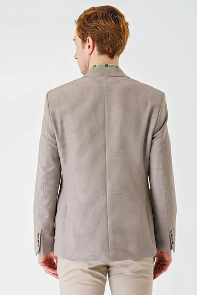 Bej Örme Mono Yaka Çift Yırtmaç Likralı 6 Drop Slim Fit Dar Kesim Klasik Ceket 1002240138 - Resim 7