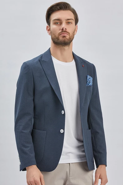 Koyu Lacivert Desenli Kırlangıç Yaka Likralı 6 Drop Slim Fit Dar Kesim Casual Ceket 1002240155 - Resim 7